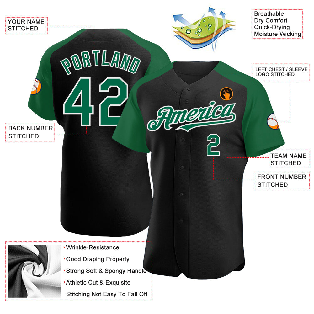 Custom Black Kelly Green-White Authentic Raglan Sleeves Baseball Jersey view 3