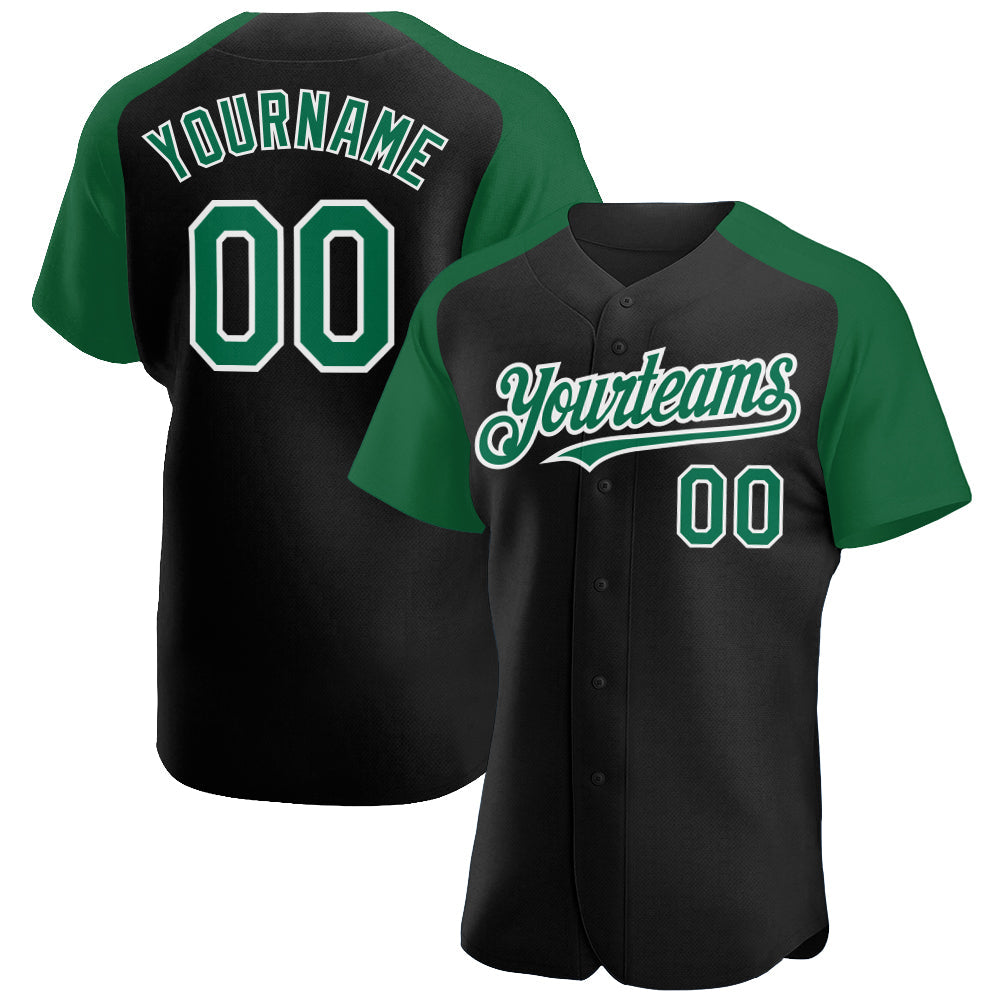 Custom Black Kelly Green-White Authentic Raglan Sleeves Baseball Jersey - Main View