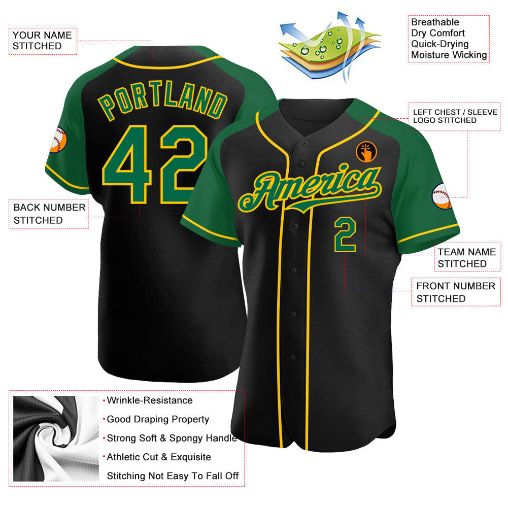 Custom Black Kelly Green-Yellow Authentic Raglan Sleeves Baseball Jersey view 3