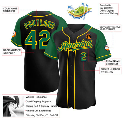 Custom Black Kelly Green-Yellow Authentic Raglan Sleeves Baseball Jersey view 3