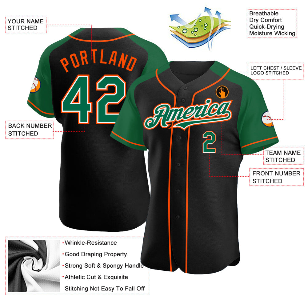 Custom Black Kelly Green-Orange Authentic Raglan Sleeves Baseball Jersey view 3