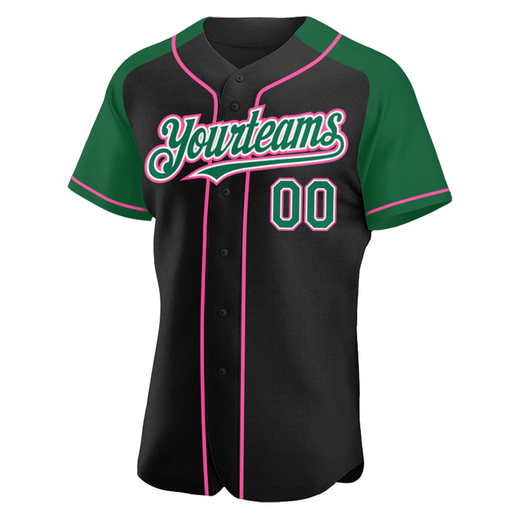 Custom Black Kelly Green-Pink Authentic Raglan Sleeves Baseball Jersey view 2