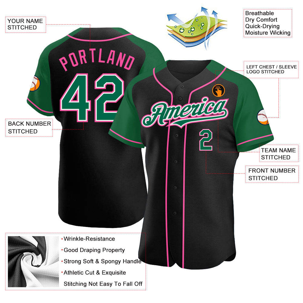 Custom Black Kelly Green-Pink Authentic Raglan Sleeves Baseball Jersey view 3