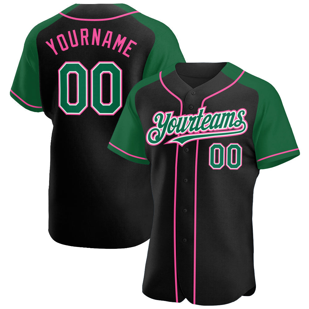 Custom Black Kelly Green-Pink Authentic Raglan Sleeves Baseball Jersey - Main View