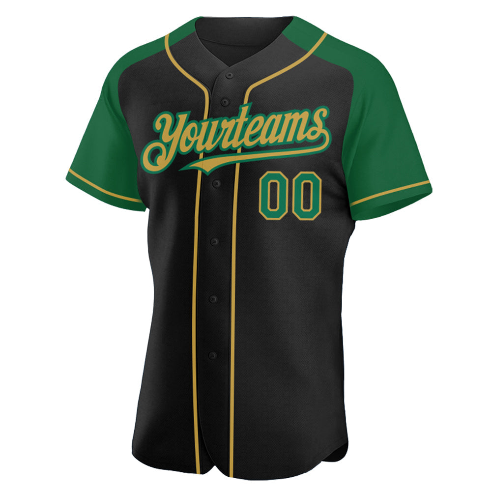 Custom Black Kelly Green-Old Gold Authentic Raglan Sleeves Baseball Jersey view 2