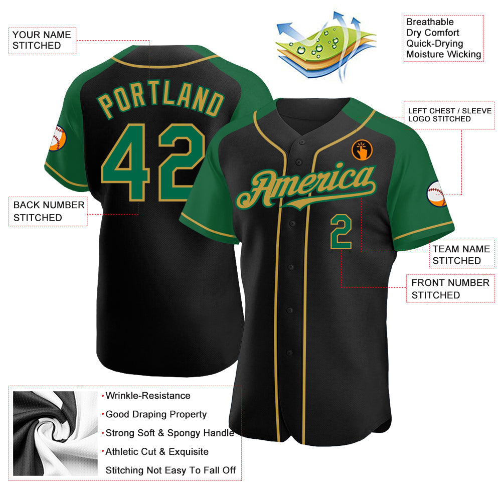 Custom Black Kelly Green-Old Gold Authentic Raglan Sleeves Baseball Jersey view 3
