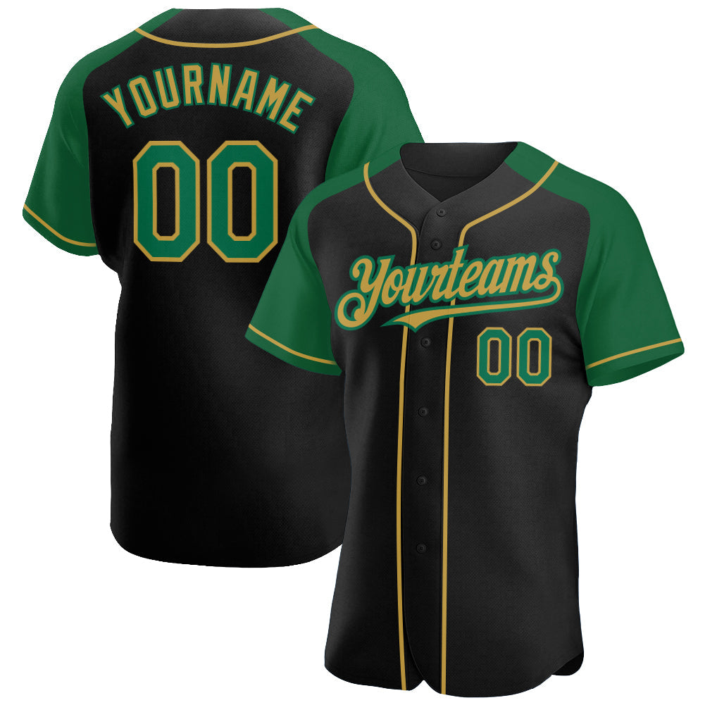 Custom Black Kelly Green-Old Gold Authentic Raglan Sleeves Baseball Jersey - Main View