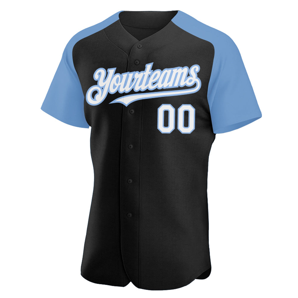 Custom Black White-Light Blue Authentic Raglan Sleeves Baseball Jersey view 2