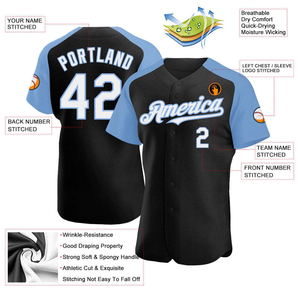 Custom Black White-Light Blue Authentic Raglan Sleeves Baseball Jersey view 3