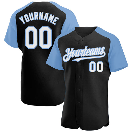 Custom Black White-Light Blue Authentic Raglan Sleeves Baseball Jersey - Main View