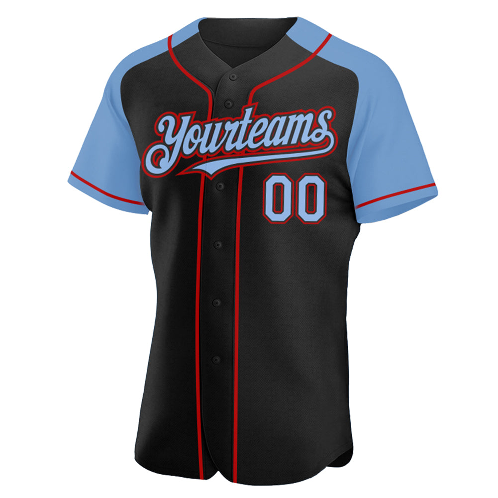 Custom Black Light Blue-Red Authentic Raglan Sleeves Baseball Jersey view 2