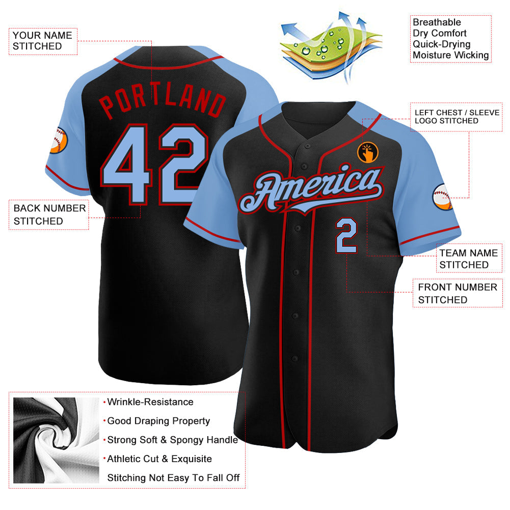 Custom Black Light Blue-Red Authentic Raglan Sleeves Baseball Jersey view 3