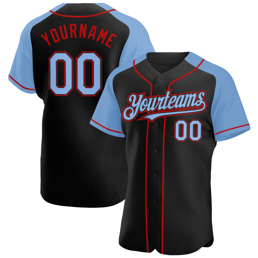 Custom Black Light Blue-Red Authentic Raglan Sleeves Baseball Jersey - Main View