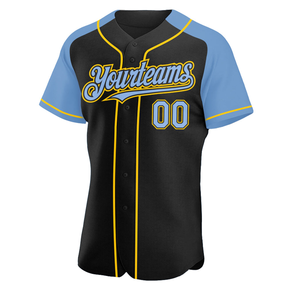 Custom Black Light Blue-Yellow Authentic Raglan Sleeves Baseball Jersey view 2
