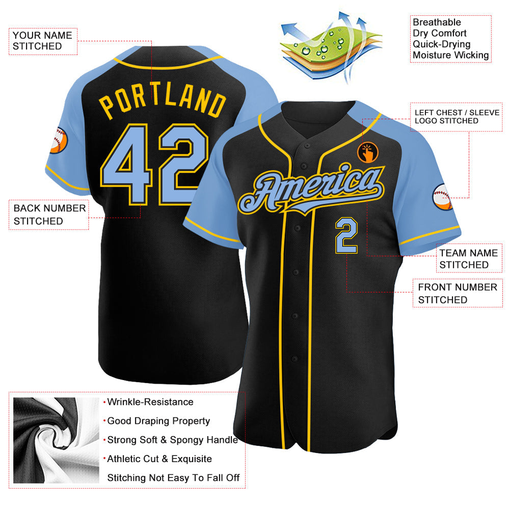 Custom Black Light Blue-Yellow Authentic Raglan Sleeves Baseball Jersey view 3