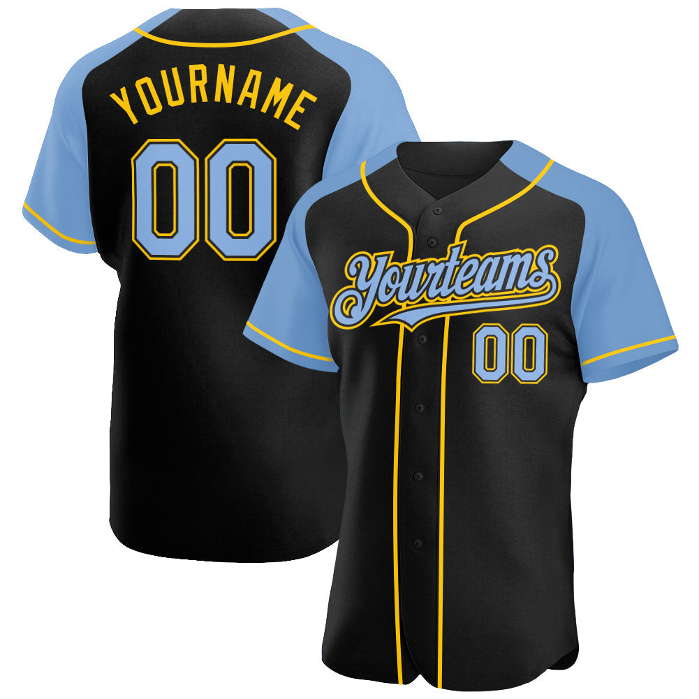 Custom Black Light Blue-Yellow Authentic Raglan Sleeves Baseball Jersey - Main View