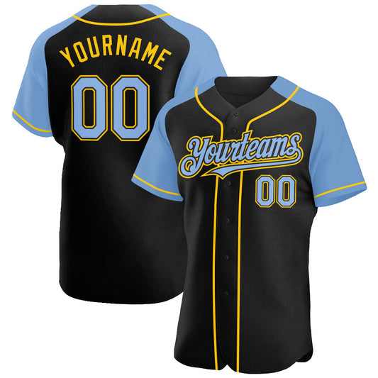 Custom Black Light Blue-Yellow Authentic Raglan Sleeves Baseball Jersey - Main View