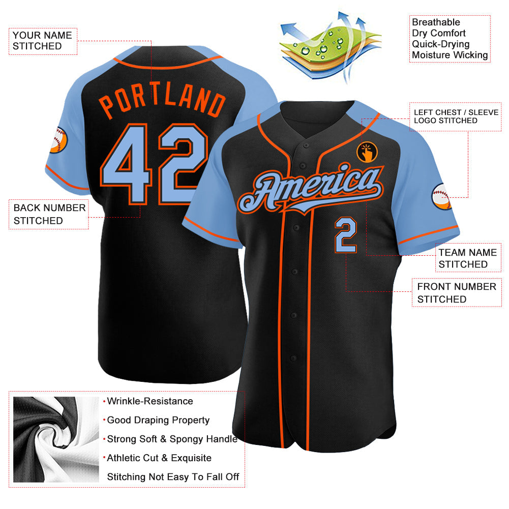 Custom Black Light Blue-Orange Authentic Raglan Sleeves Baseball Jersey view 3
