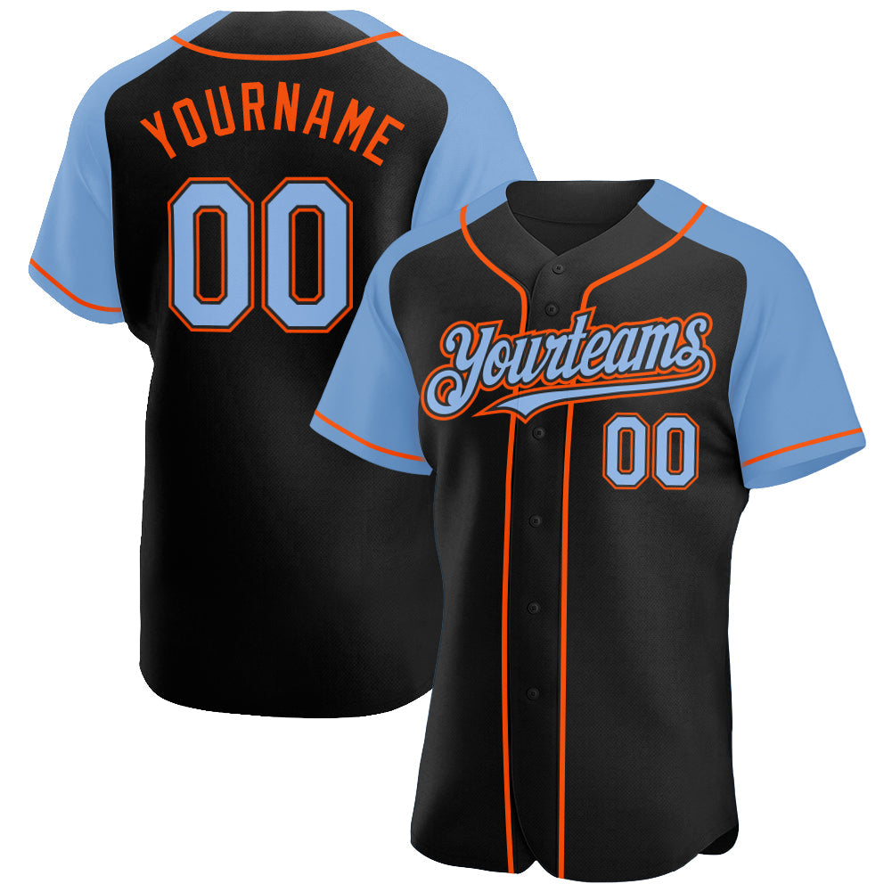 Custom Black Light Blue-Orange Authentic Raglan Sleeves Baseball Jersey - Main View
