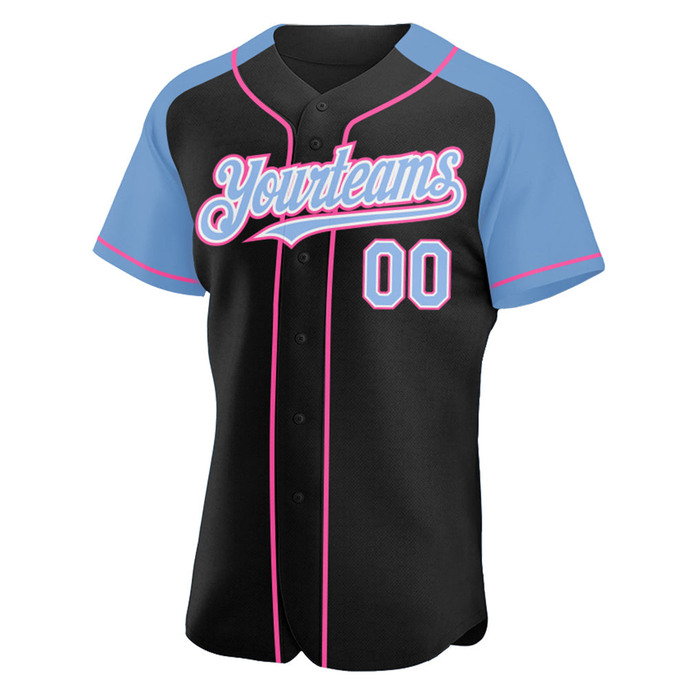 Custom Black Light Blue-Pink Authentic Raglan Sleeves Baseball Jersey view 2