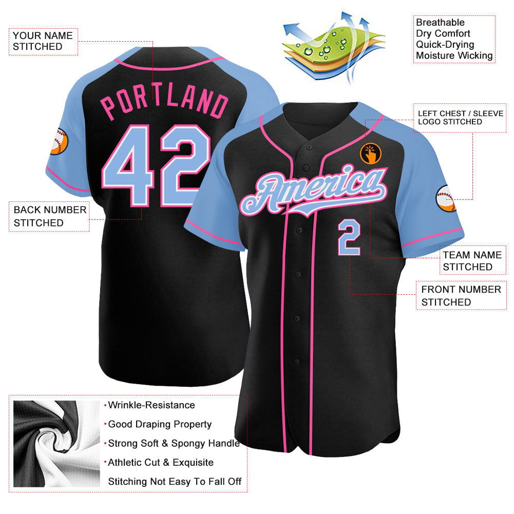 Custom Black Light Blue-Pink Authentic Raglan Sleeves Baseball Jersey view 3