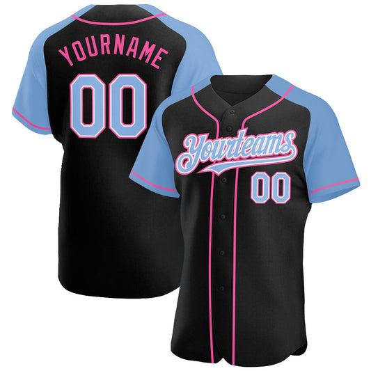 Custom Black Light Blue-Pink Authentic Raglan Sleeves Baseball Jersey - Main View