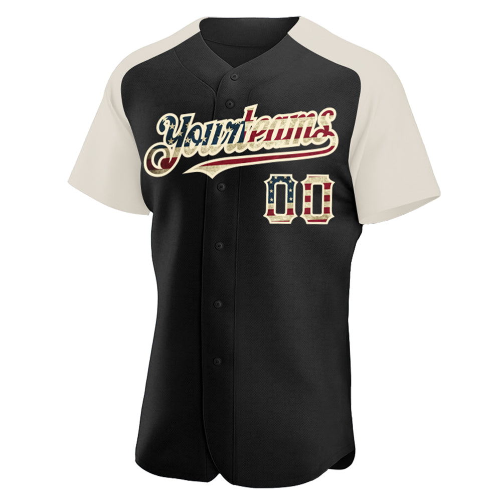 Custom Black Vintage USA Flag-Cream Authentic Raglan Sleeves Baseball Jersey view 2