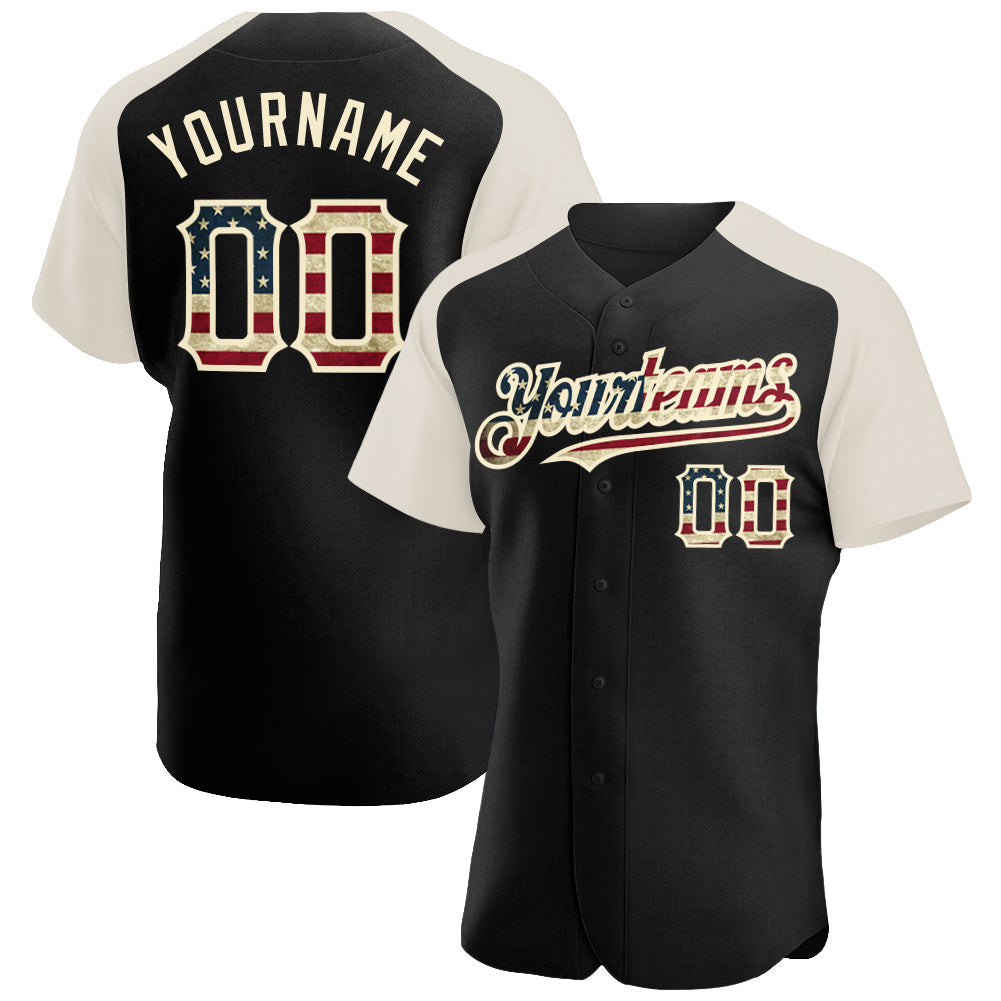 Custom Black Vintage USA Flag-Cream Authentic Raglan Sleeves Baseball Jersey - Main View