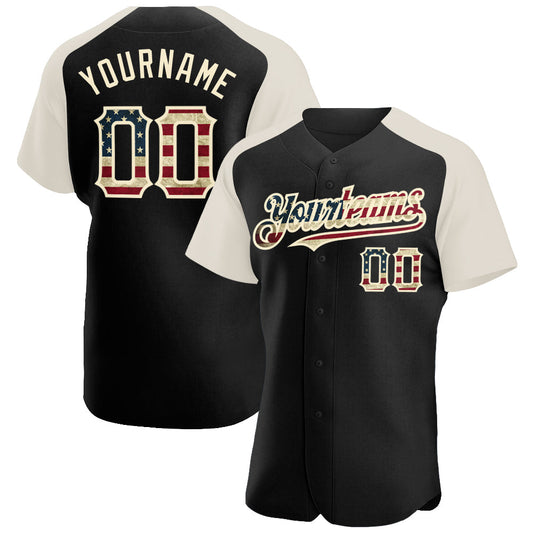 Custom Black Vintage USA Flag-Cream Authentic Raglan Sleeves Baseball Jersey - Main View
