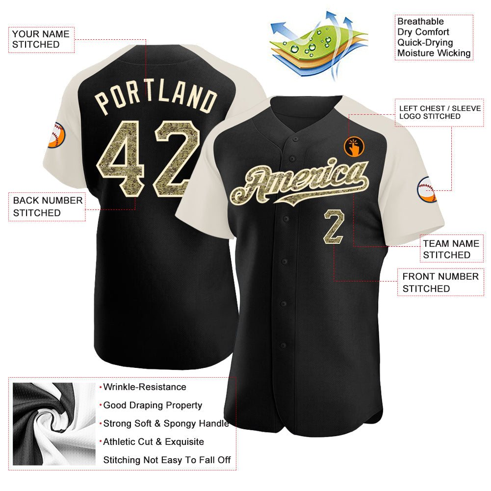 Custom Black Camo-Cream Authentic Raglan Sleeves Baseball Jersey view 3