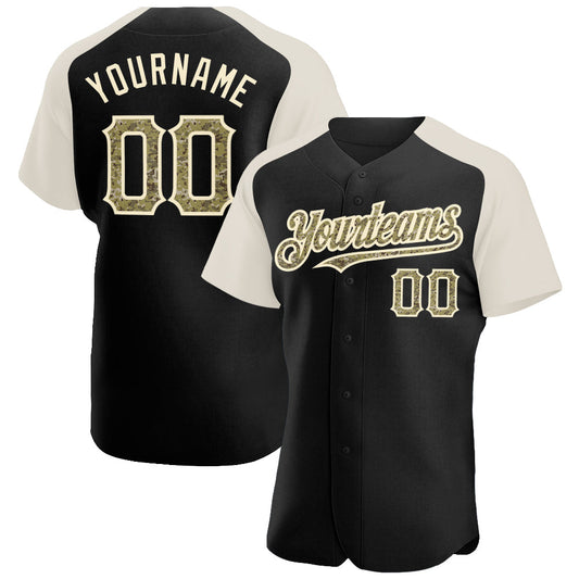 Custom Black Camo-Cream Authentic Raglan Sleeves Baseball Jersey - Main View