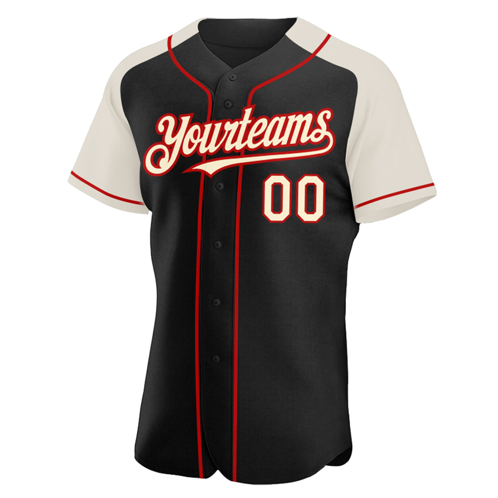 Custom Black Cream-Red Authentic Raglan Sleeves Baseball Jersey view 2