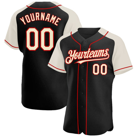 Custom Black Cream-Red Authentic Raglan Sleeves Baseball Jersey - Main View