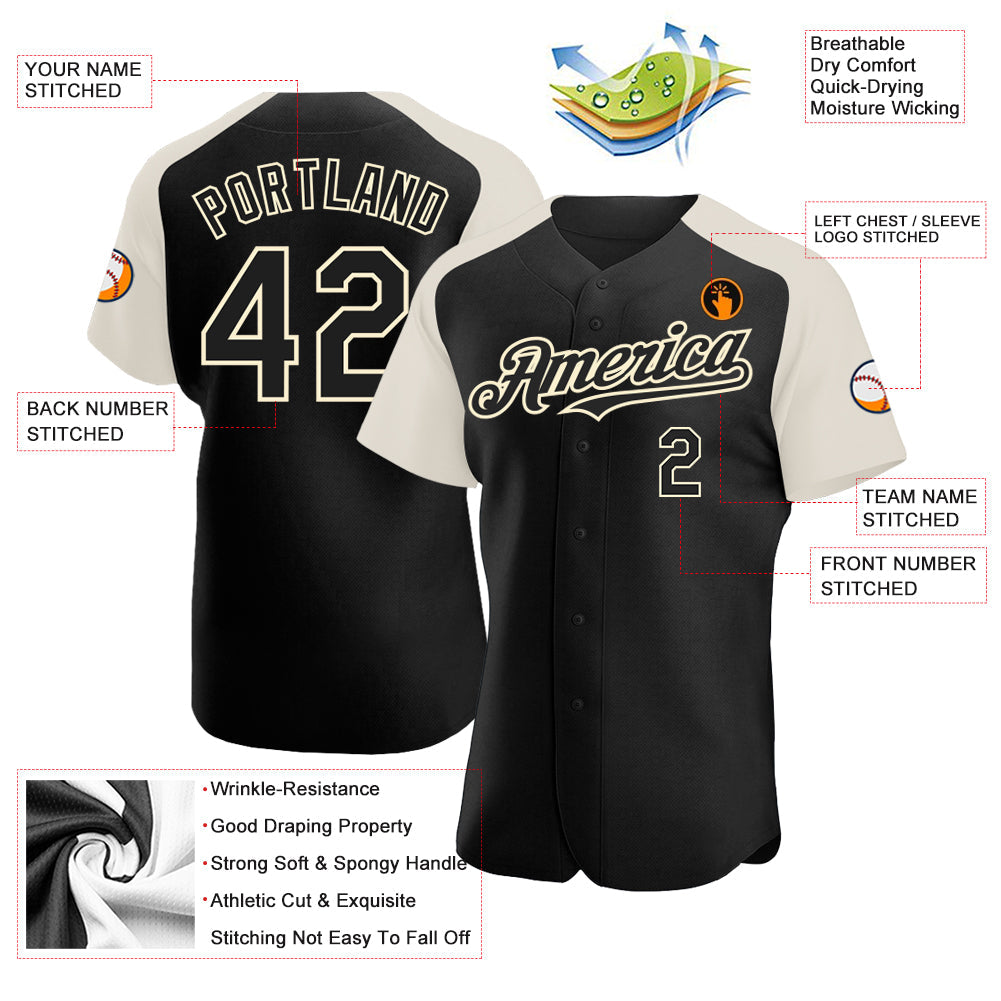 Custom Black Cream Authentic Raglan Sleeves Baseball Jersey view 3