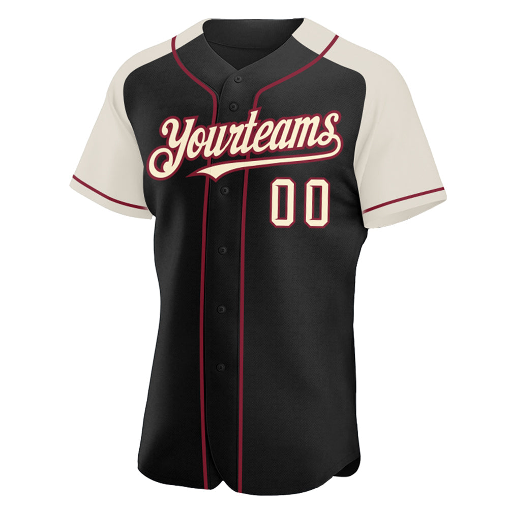 Custom Black Cream-Crimson Authentic Raglan Sleeves Baseball Jersey view 2