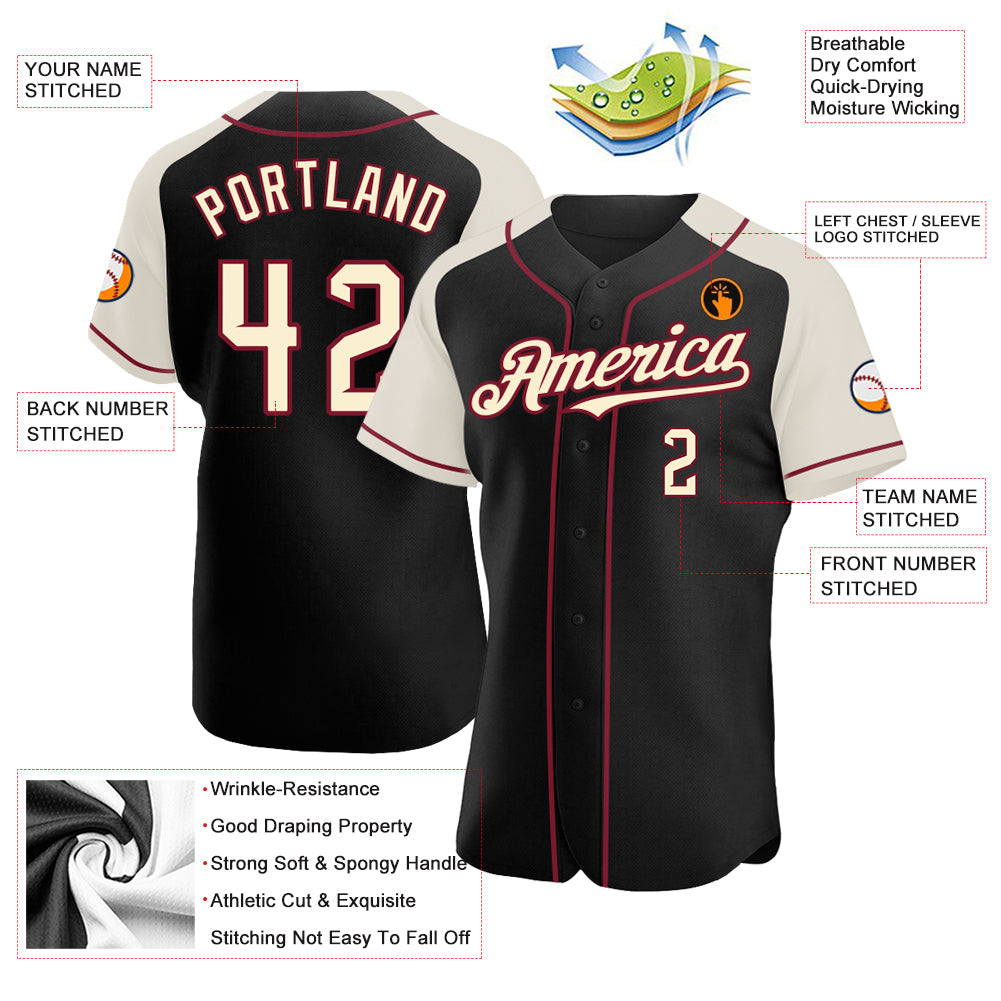 Custom Black Cream-Crimson Authentic Raglan Sleeves Baseball Jersey view 3