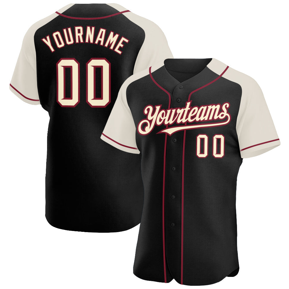 Custom Black Cream-Crimson Authentic Raglan Sleeves Baseball Jersey - Main View