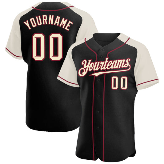 Custom Black Cream-Crimson Authentic Raglan Sleeves Baseball Jersey - Main View