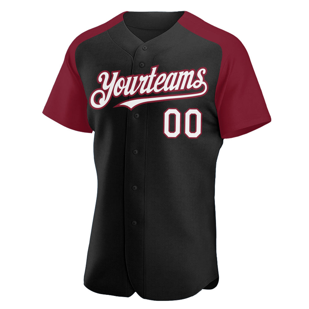 Custom Black White-Crimson Authentic Raglan Sleeves Baseball Jersey view 2