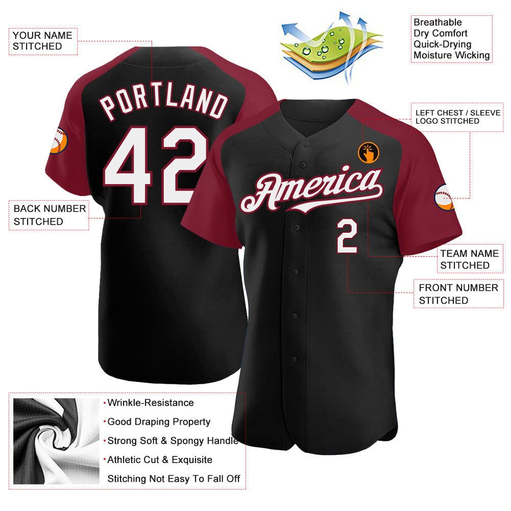 Custom Black White-Crimson Authentic Raglan Sleeves Baseball Jersey view 3