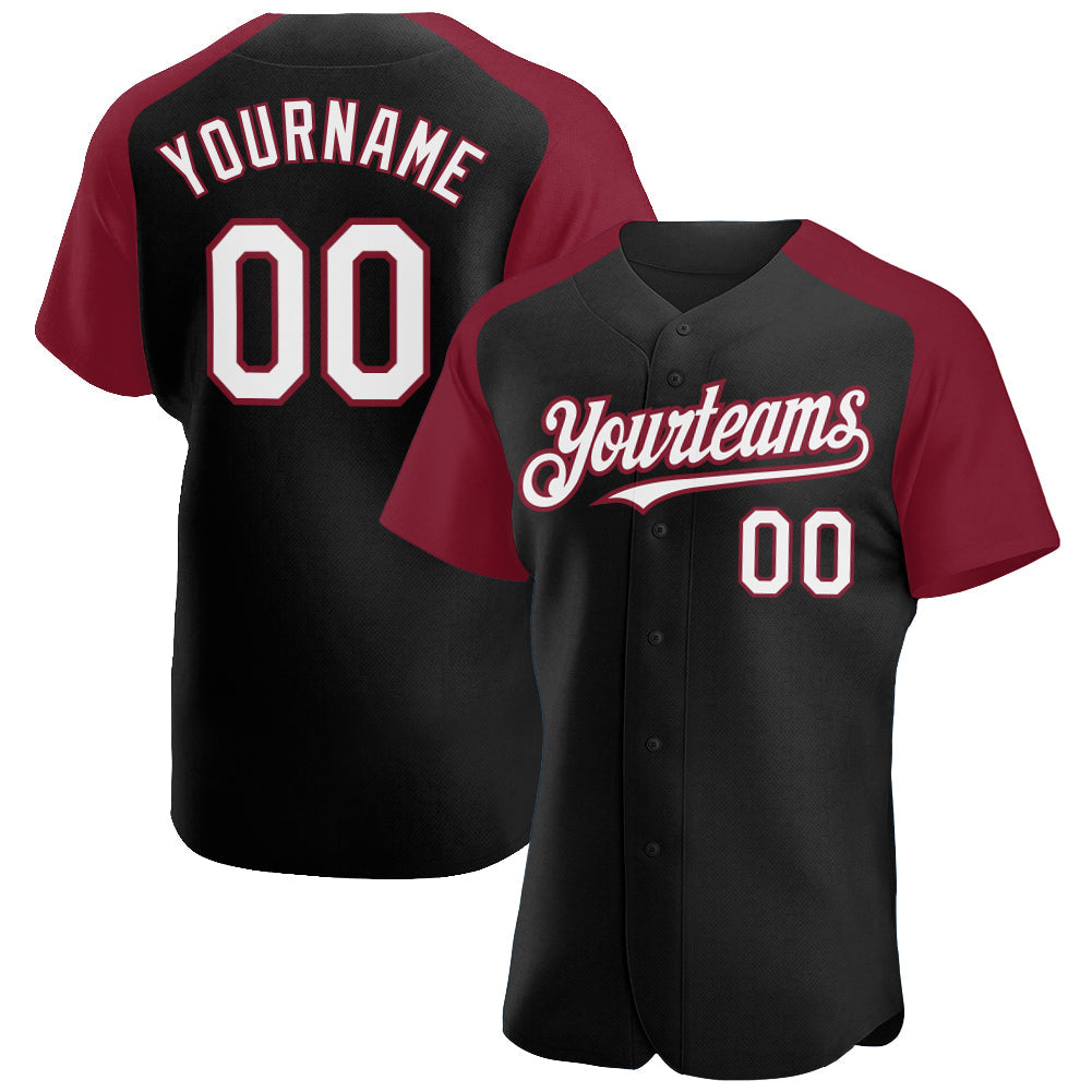 Custom Black White-Crimson Authentic Raglan Sleeves Baseball Jersey - Main View