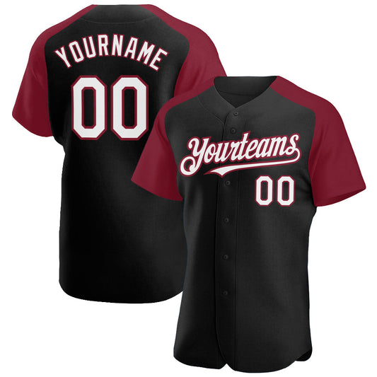 Custom Black White-Crimson Authentic Raglan Sleeves Baseball Jersey - Main View