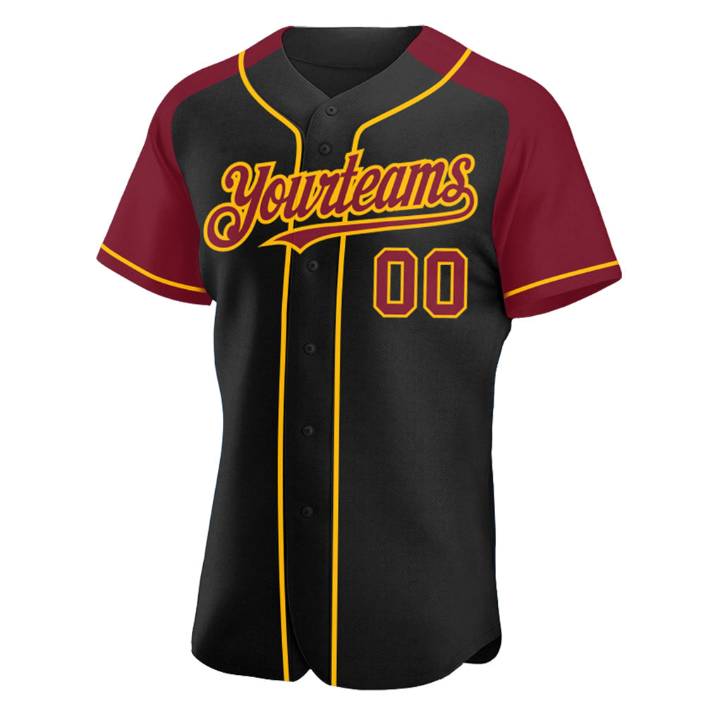 Custom Black Crimson-Gold Authentic Raglan Sleeves Baseball Jersey view 2