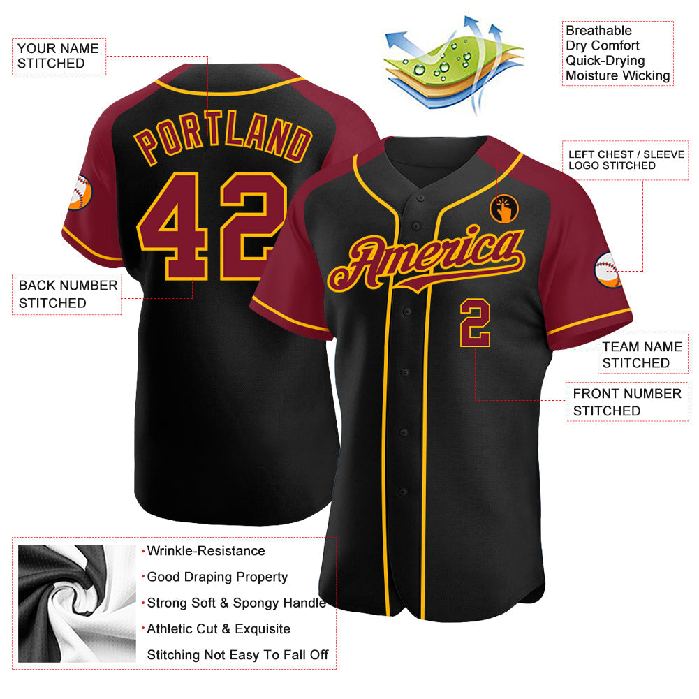 Custom Black Crimson-Gold Authentic Raglan Sleeves Baseball Jersey view 3
