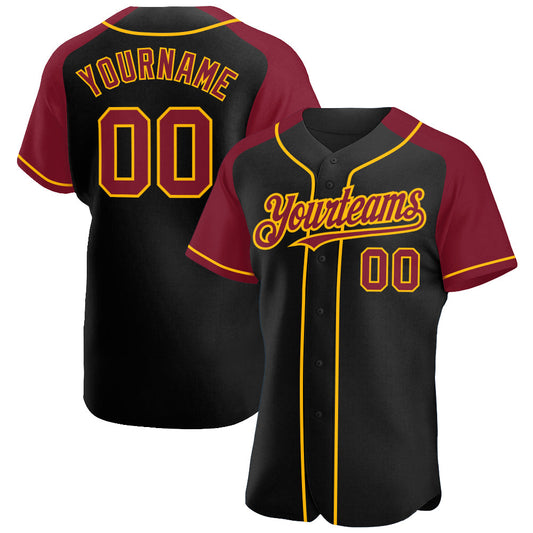 Custom Black Crimson-Gold Authentic Raglan Sleeves Baseball Jersey - Main View