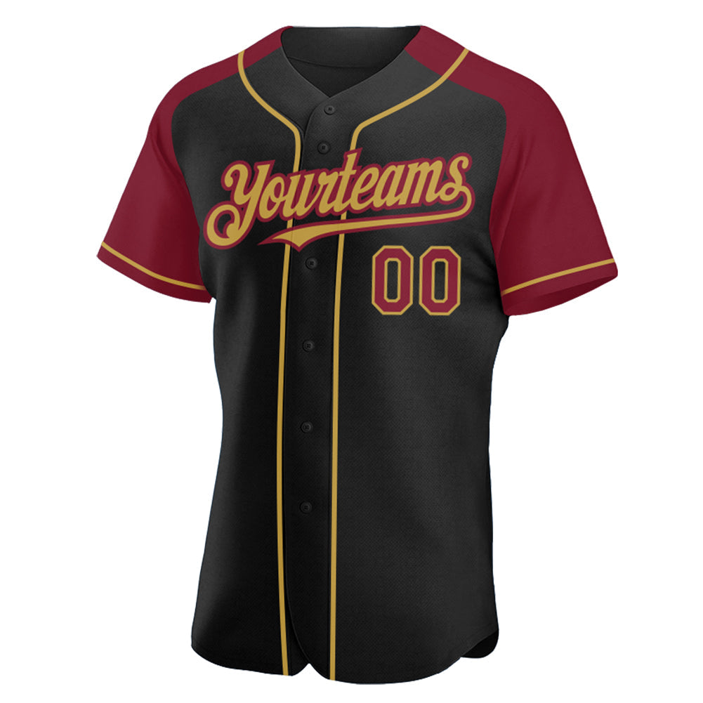 Custom Black Crimson-Old Gold Authentic Raglan Sleeves Baseball Jersey view 2
