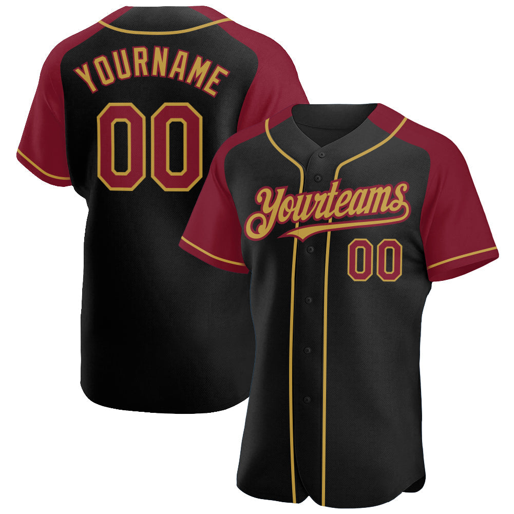 Custom Black Crimson-Old Gold Authentic Raglan Sleeves Baseball Jersey - Main View