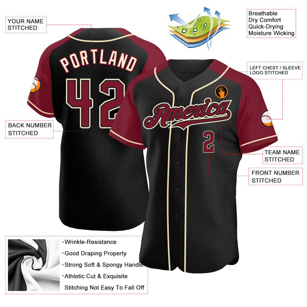 Custom Black Crimson-City Cream Authentic Raglan Sleeves Baseball Jersey view 3