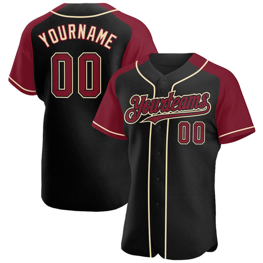Custom Black Crimson-City Cream Authentic Raglan Sleeves Baseball Jersey - Main View