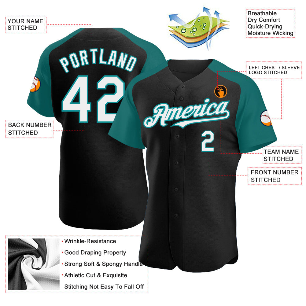 Custom Black White-Teal Authentic Raglan Sleeves Baseball Jersey view 3